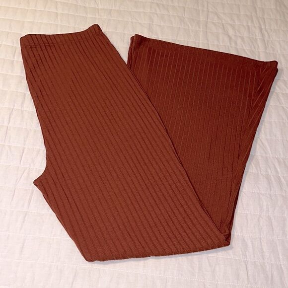 F21+ 2X Rust Brown Ribbed Knit Wide Leg Pants - Picture 1 of 8